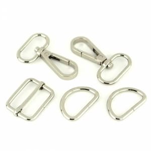 May include: A set of six silver metal hardware pieces for bags and other crafts. The set includes two swivel clasps, two D-rings, and two rectangular slider buckles.