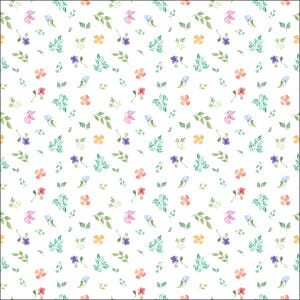 Puede incluir: Patrón repetitivo de flores y hojas en acuarela sobre fondo blanco. Las flores son rosas, moradas, naranjas y azules. Las hojas son verdes. El diseño es delicado y floral, ideal para textiles.