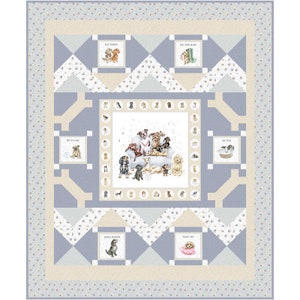 Pet Treats: Dogs Quilt Fabric Kit with Pattern featuring Whiskers and Paws Collection by Hannah Dale for Maywood Studio - 57&quot; x 69&quot;