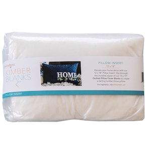 May include: A white 12 x 18 inch pillow insert packaged in a clear plastic bag. The bag has a label that says "Kimber Blanks Pillow Insert" and features a blue and white quilted pillow with the word "HOME" embroidered on it.