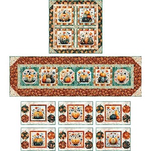 May include: A textile set featuring a square quilt, a rectangular table runner, and six rectangular placemats. Each piece displays a repeating pattern of orange, blue, and green pumpkins, autumn foliage, and floral motifs on a cream background.
