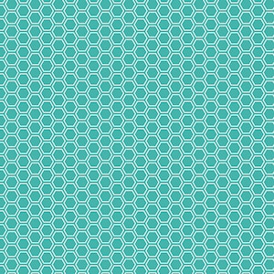 May include: A seamless pattern of white hexagons on a turquoise background.