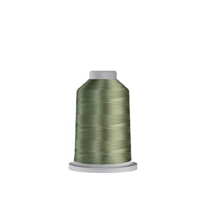 May include: A spool of olive green thread, ideal for sewing and embroidery projects. The thread is tightly wound on a white and gray plastic base, with a white top. The thread has a subtle sheen.