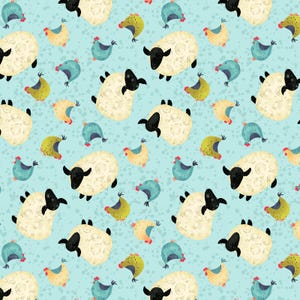 May include: A seamless pattern featuring white sheep with black faces and various colored chickens on a light blue background.