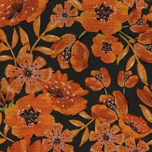 May include: A repeating pattern of orange flowers and leaves on a dark gray background. The flowers have detailed petals and dark centers, with varying sizes and shapes. The leaves are a muted orange, and the overall design has a textured appearance.