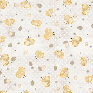 May include: A seamless pattern featuring yellow chicks on a white background with brown dots. The chicks are drawn in a watercolor style and have a whimsical look.
