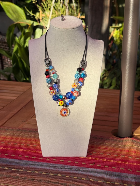 Millefiori Murano style glass bead necklace, vintage Chico's.