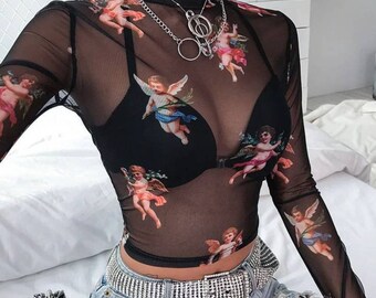 sheer mesh long sleeve crop top