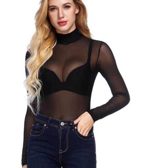 Black Sheer Top mesh long sleeve elegant sexy mock neck see Etsy