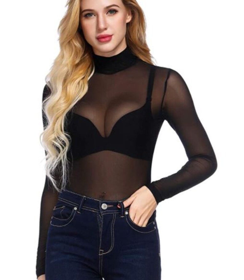 Sheer Top Black mesh long sleeve elegant sexy mock neck see Etsy