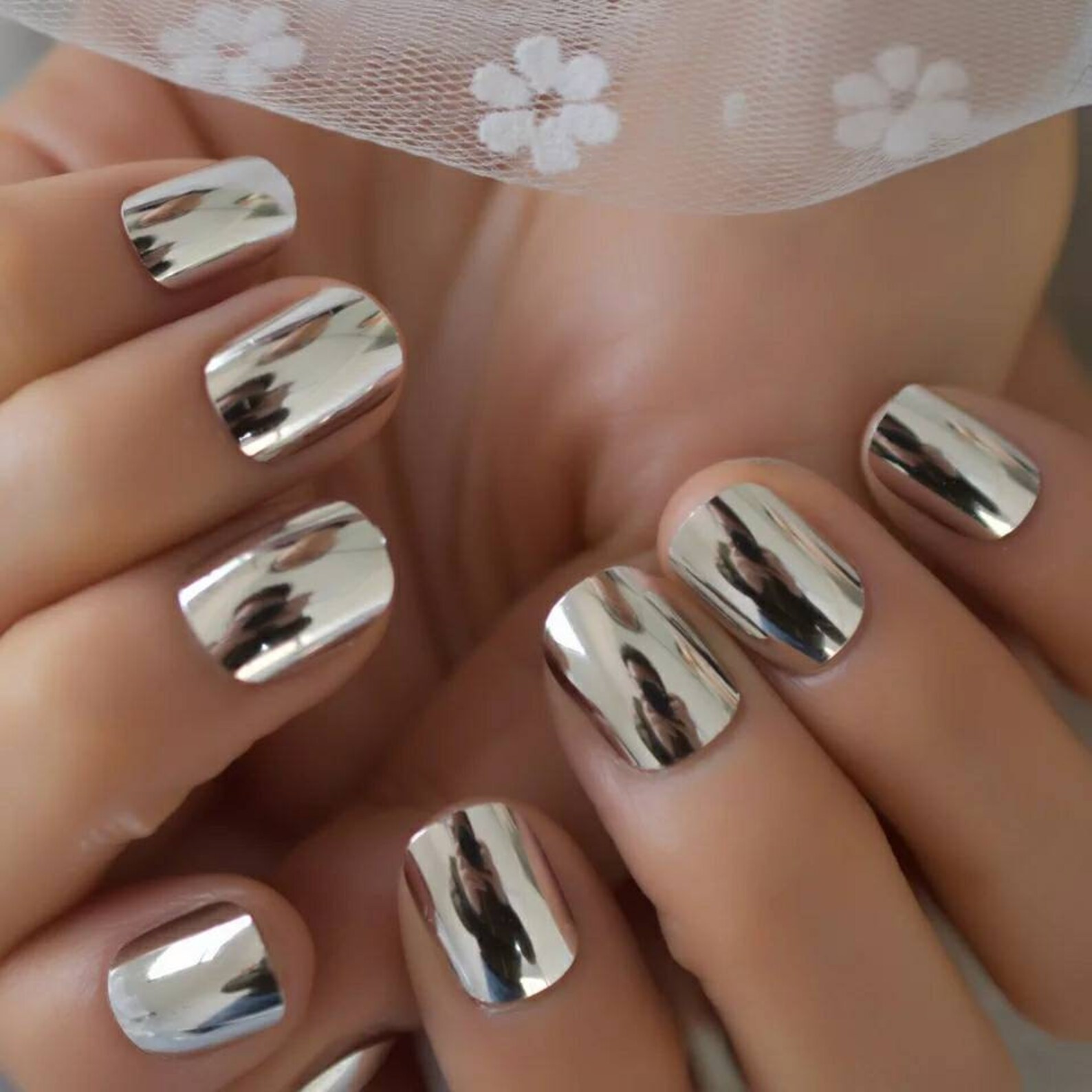 24 Short Silver Chrome Press On Nails with glue metallic | Etsy