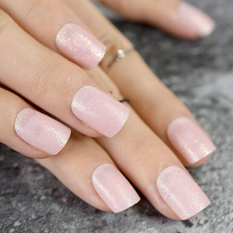 Pale Pink Short Press On Nails Square Glitter Peach Nude 24 Etsy