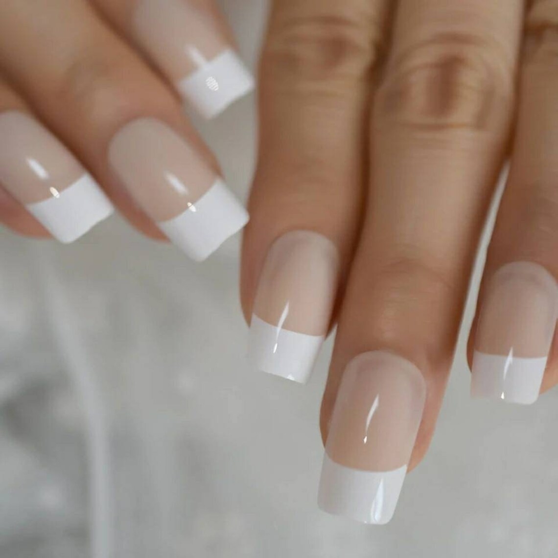 24 Medium square white tip nails french manicure acrylic press | Etsy