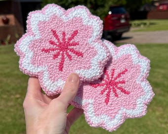 Handmade Pink Cherry Blossom Coaster: Punch Needle Sakura Mug Rug