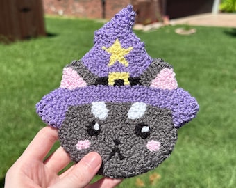 Halloween Hexe Katzenbecher Teppich: Handgemachter Punch Needle Untersetzer