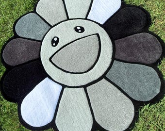 Handmade Tufted Flower Rug: Greyscale Smiley Face Carpet