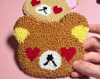 Handmade Teddy Bear Punch Needle Coaster: Kawaii Coffee Mug Rug