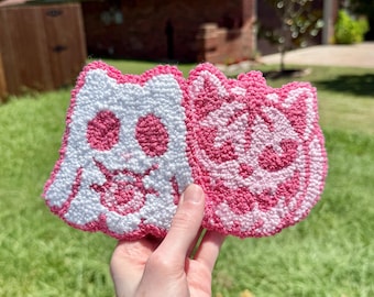 Pink Cat Halloween Coaster Set: Handmade Punch Needle Mug Rug