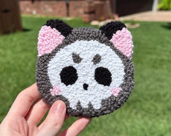 Skeleton Cat Mug Rug: Handmade Punch Needle Coaster - Halloween Decor