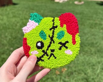 Halloween Zombie Cat Mug Rug: Punch Needle Coaster - Spooky Desk Decor
