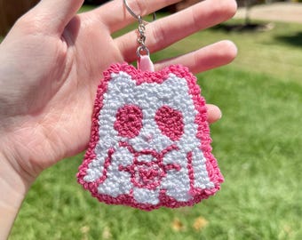 Punch Needle Cat Ghost Keychain: Handmade Halloween Bag Charm