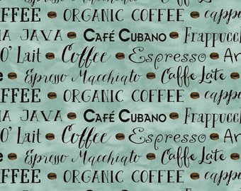 Coffee House Words Espresso Mocha Java on Tan BY YARDS Henry Glass Cotton Fabric