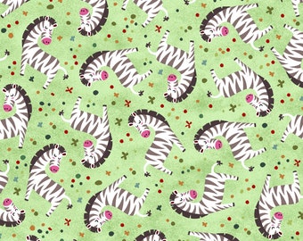 Zebras on mint green background, quilting fabric, Into the Wild by Oasis