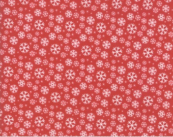 White snowflakes on red background, quilting fabric, from collection Jolly Season by Abi Hall for Moda