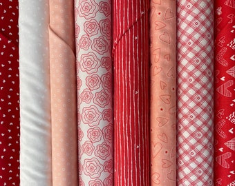 Fat quarter bundle of assorted Valentine's Day fabrics, quilting fabric, 8 fabrics