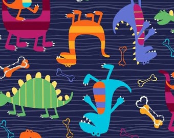 Colorful dinosaurs on navy background, quilting fabric, Dino Dudes by Michael Miller