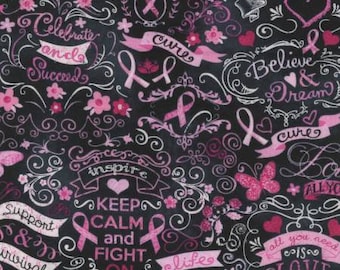 Breast cancer awareness, black background, quilting fabric, by Timeless Treasures