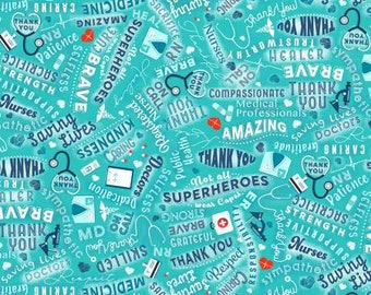 Medical hero on aqua background, quilting fabric, by Timeless Treasures