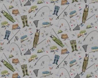 Fishing gear on gray background, quilting fabric, At The Lake Collection by Riley Blake