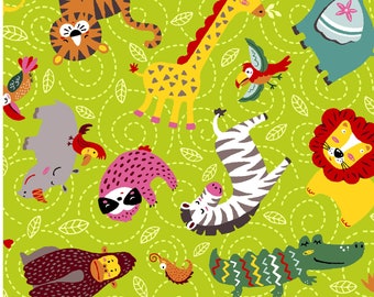 Zoo and jungle animals on lime green background, quilting fabric, Into the Wild by Oasis