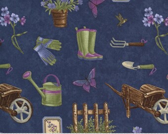 Gardening items on eggplant background, quilting fabric, from Violet Hill collection by Moda