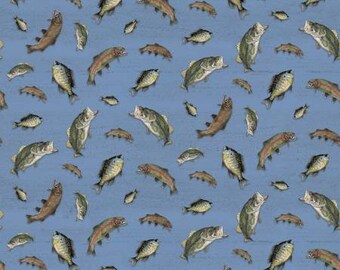 Fish on blue background, quilting fabric, At The Lake Collection by Riley Blake