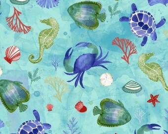 Sea animals and shells on aqua background, quilting fabric, Sanibel by Clothworks