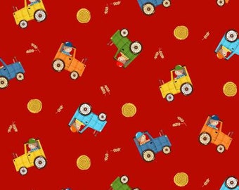 Tractors on red background, quilting fabric, Down on the Farm by Michael Miller