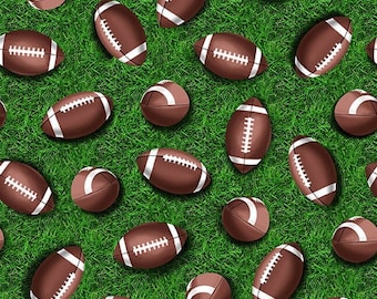 Brown footballs on green grass background, quilting fabric, by Blank Quilting