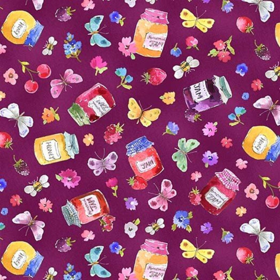 Jam and Honey Jars on Purple Background, Quilting Fabric, in the Garden
