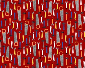 Construction tools on red background from Work Zone collection, quilting fabric, Windham Fabrics