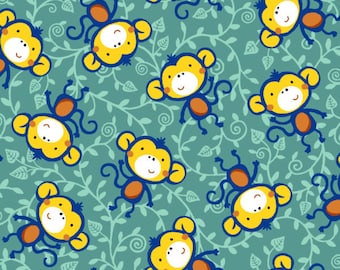 Monkeys on teal blue background, quilting fabric, Into the Wild by Oasis