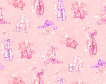 Dance ballerina shoes on pink background, quilting fabric, by Henry Glass