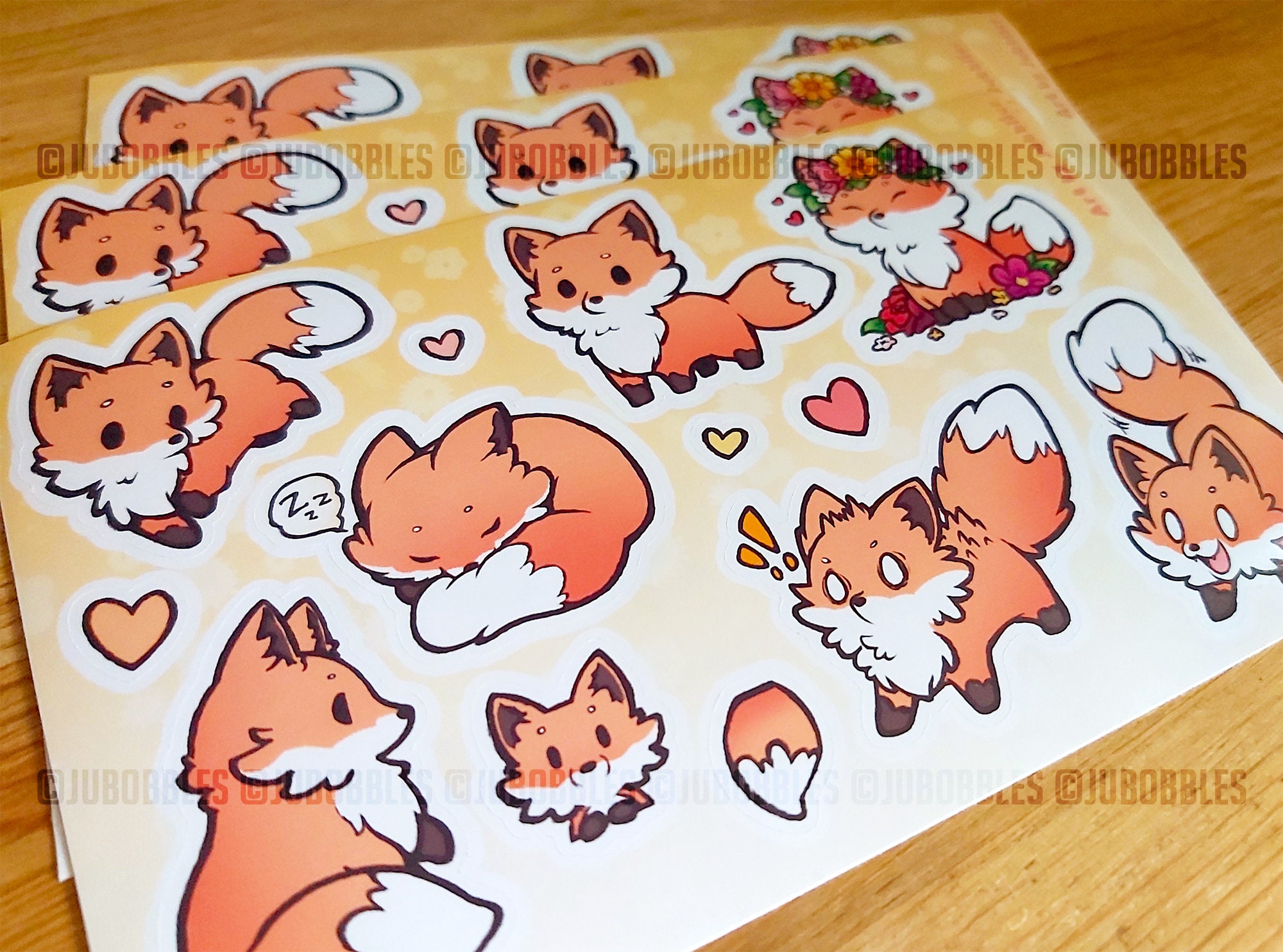 Red Fox Sticker Sheet original Cute Chibi Scrapbooking Floral Fluffy Fun  Gift 