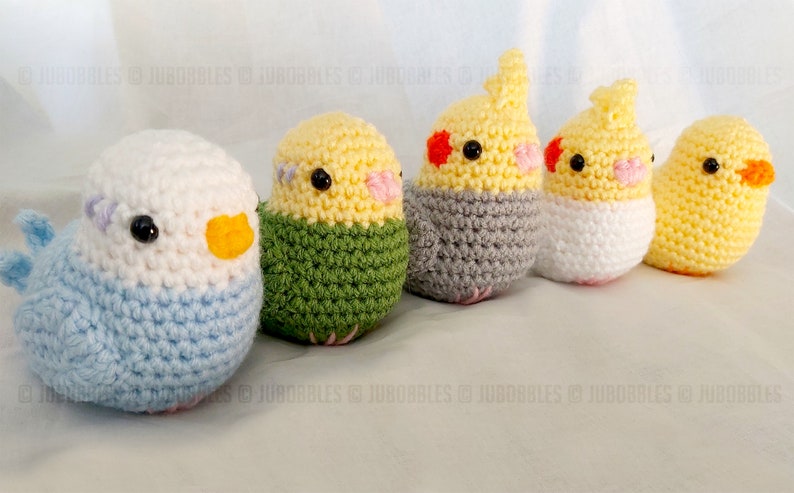 Amigurumi Cockatiel and Budgies | Birds Birbs Cute Kawaii Bell Weighted Gift Yellow Green White Blue Plush Plushies Stuffed Animal 