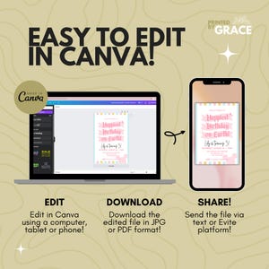 May include: A pink and white birthday invitation with the text "Happiest Birthday on Earth!" and "Lily is turning 31". The invitation is shown on a computer screen and a smartphone. The text "Easy to Edit in Canva!" is at the top of the image. The text "Made in Canva" is in the lower left corner of the image. The text "Printed by Grace" is in the upper right corner of the image.
