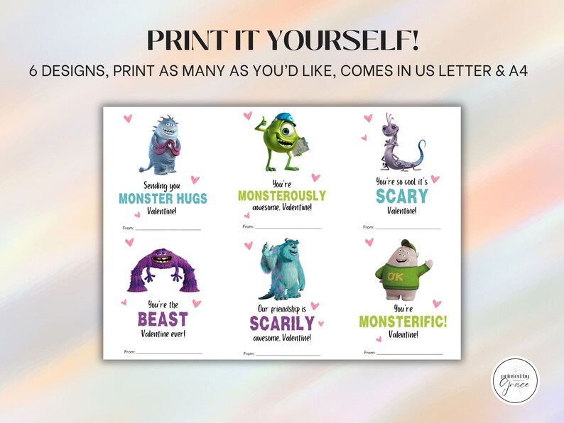 PRINTABLE Monsters Inc Valentine Cards, Toddler Classroom Cards, Kids