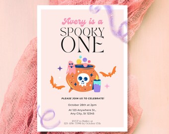 Pink Halloween 1st Birthday Invitation | Girls First Birthday Invite, Spooky One, October Birthday, Editable Digital Download Template