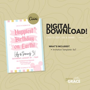 May include: Pink and blue birthday invitation with a pink banner that says "Happiest Birthday on Earth!" and a pink banner that says "Lily is turning 3!" The invitation includes the date, time, and location of the party. The invitation is decorated with stars and a Mickey Mouse head.
