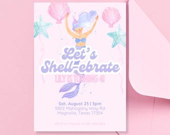 Editable Mermaid Birthday Invitation, Purple Pink Digital Invite, Girl Birthday Party, Under the Sea Theme, Instant Download, Template